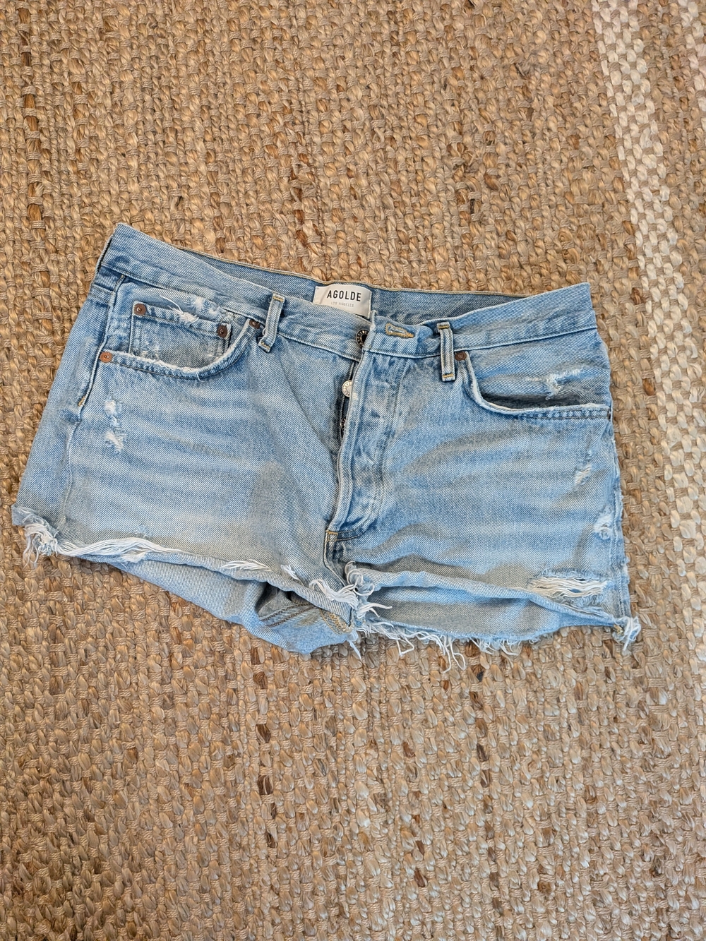 Agolde Light Wash Frayed Hem Denim Shorts
